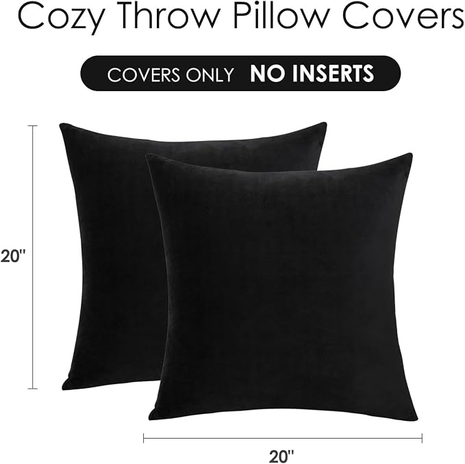 Throw Pillow Covers Decorative Velvet Set of 2 20x20 Inch Pillow Covers, Soft Black Pillowcases for Couch Sofa Bed Living Room, Farmhouse Home Boho Decor, Square Accent Cushion Covers