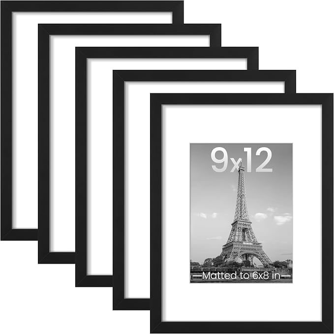 upsimples 9x12 Picture Frame, Gallery Wall Frames Set of 5, Black | Photo Frame Collage Wall Decor, 6x8 Picture Frame with Mat for Family, Baby, Hallway, Christmas