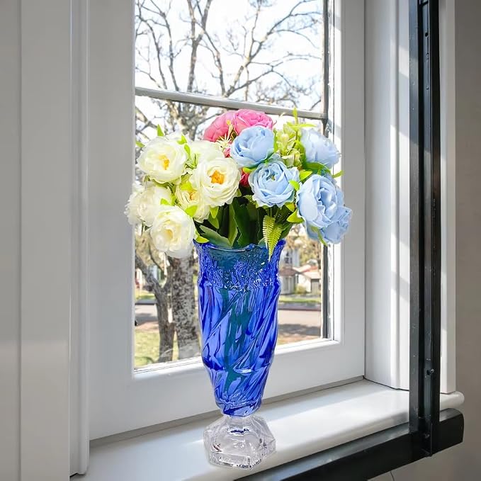 Glass Flower vase 2.4lb 9.5inch,Bohemian Style, for Centerpieces,Wedding,Home Decor Glass Vase (Blue)