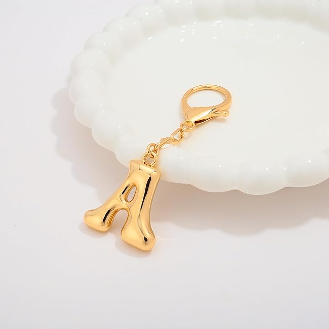 WOWORAMA Initial Letter Keychain for Women Chunky Gold Bubble Letter Bag Charm Purse Charm Personalized Keyrings Accessories