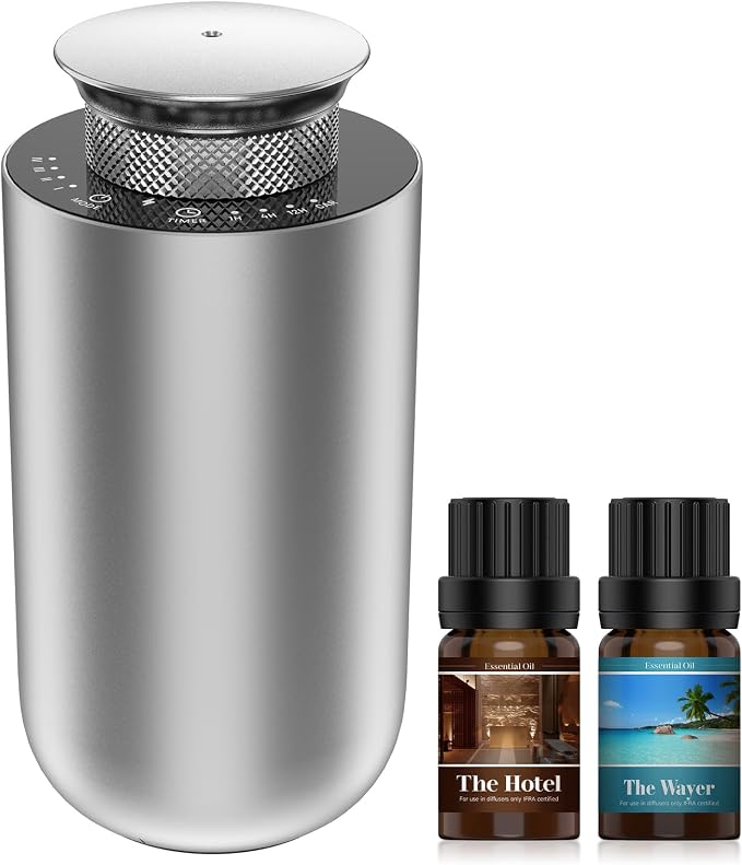 2026 Upgraded Rechargeable Waterless Car Scent Diffuser Kit, Includes 2 Premium Oils, Auto On/Off, 4 Mist Levels & Timers, Portable Aromatherapy Diffuser for Hotel,Home,Room,Studio,Office - Silver