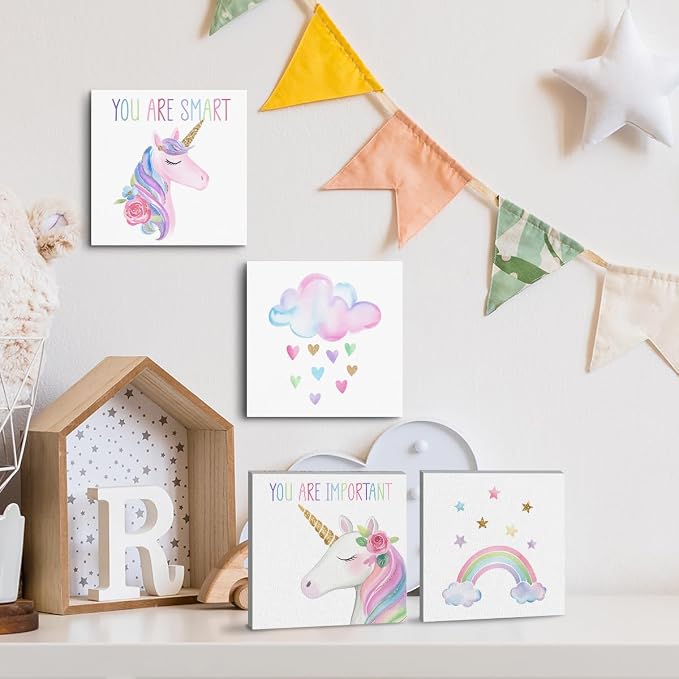 4 Pcs Watercolor Unicorn Wall Art, Inspirational Girls Room Cute Wall Decor | Rainbow Flower Aesthetic Framed Prints Paintings for Women Teen Girls Room Apartment Vogue Living Room Decor 8x8 inches