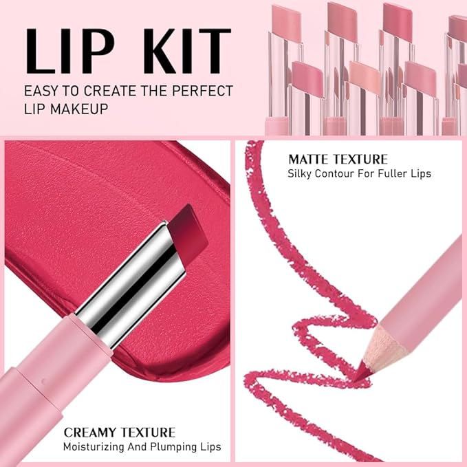 2-in-1 Red Matte Lip Liner & Lipstick Combo Set,Lips Kit with Lip Liner Lip Stains Long Lasting Waterproof Smudge Proof for Older Women 24 Hours Lipliners Pencil Lipstick Makeup Gift Kit,Vegan