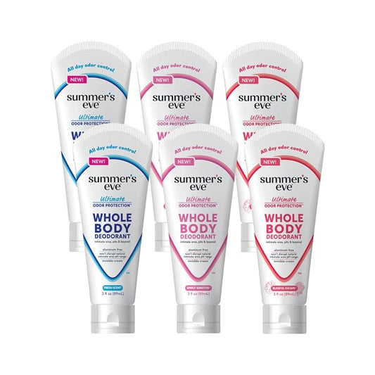 Summer’s Eve Ultimate Odor Protection Whole Body Deodorant Cream, Fresh Scent, Simply Sensitive & Blissful Escape, All Day Odor Control, Aluminum Free, 3 Ounce Each (Variety Pack of 6)