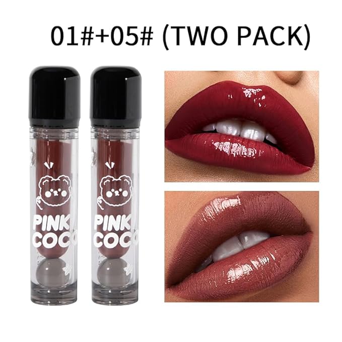 PINKCOCO Mirror Gloss Lip Lacquer Set, 2 Pack (2.4g Each) – Long-Lasting Non-Sticky Lip Gloss, High Shine Moisturizing Lip Tint, Nude & Bright Shades for Daily Makeup & Gift (01+05)