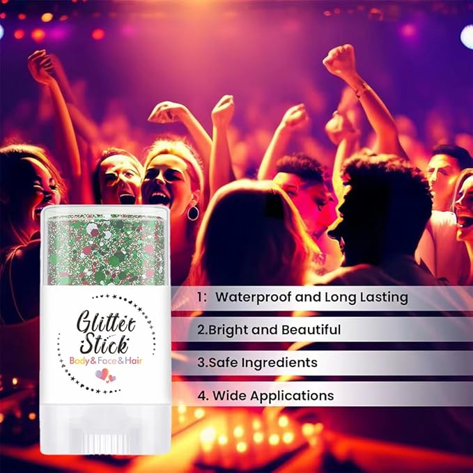 Christmas Body Glitter Stick, Sparkling Holographic Sequins Neon Outfit Party Christmas Hair Accessories and Face Glitter Gel Makeup.(Red Green and White)