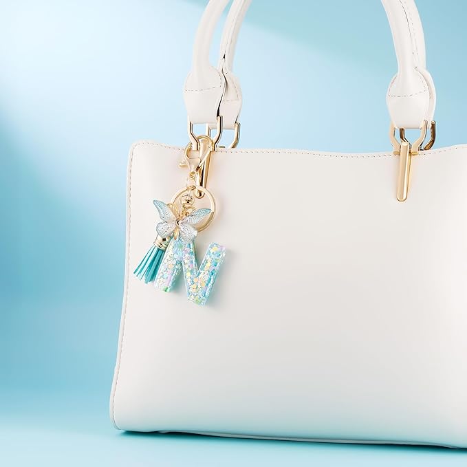 Fashion Alphabet Initial Letter Keychain Tassel Butterfly Pendant Key Ring for Purse Handbags Women Girl