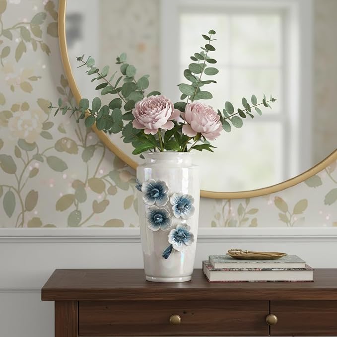 White Ceramic Vase 9 Inch - Modern Decorative Vase for Flowers, Centerpiece for Dining Table Living Room Entryway