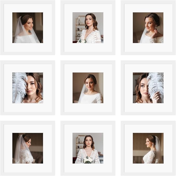 12x12 Picture Frame Set of 9, Display Pictures 8x8 with Mat or 12x12 without Mat, Multi Collage Gallery Square Photo Frames for Wall or Tabletop, White