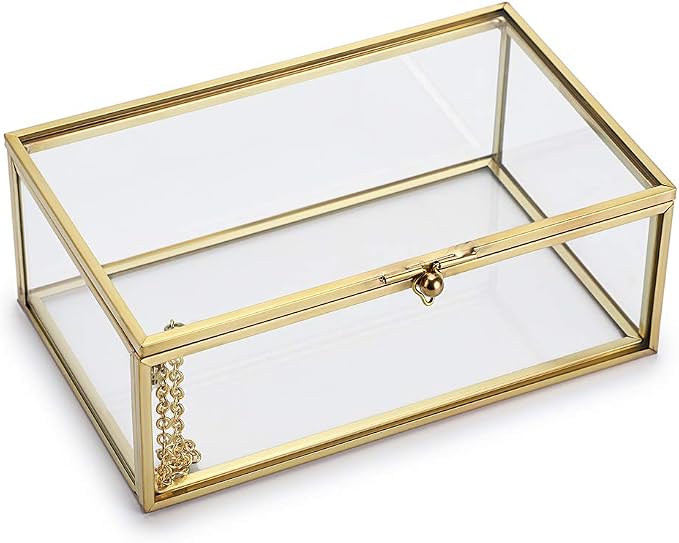Hipiwe Vintage Glass Keepsake Box, Rectangle Jewelry Display Organizer Case | Vanity Lidded Box Home Decor Accent Decorative Boxes for Storage Trinket Rings Bracelet