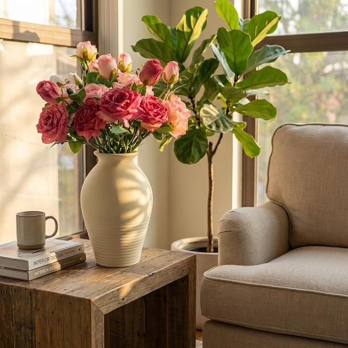 Ceramic Vase - Large & Elegant Farmhouse-Style Vases for Rustic Vintage Home Decor: Living Room, Bedroom, Office, Dining + More - Perfect for Tables, Shelves, Fireplaces & Coffee Desks (White)
