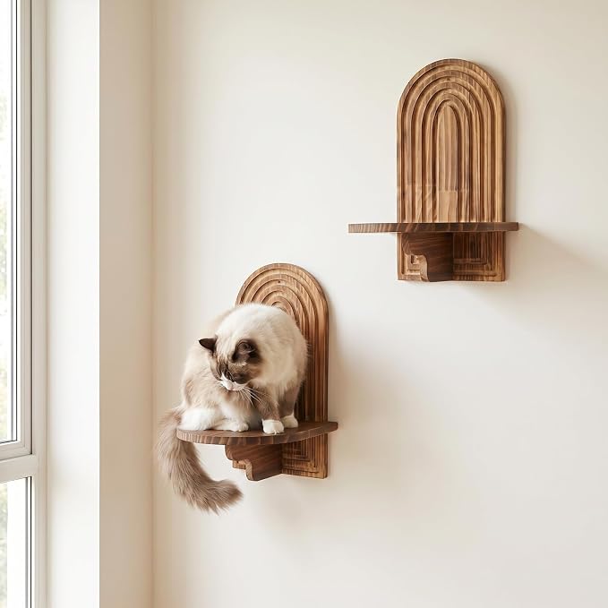 Rustic Cat Wall Shelves, Farmhouse Style Wooden Cat Furniture with Hammock, Space-Saving Cat Climbing System & Floating Perch for Indoor Cats