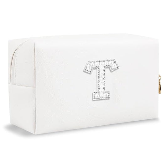 Bride Gifts – Personalized Initial Makeup Bag with Pearl Rhinestone Patch, Preppy White Monogram Cosmetic/Toiletry Pouch, bridesmaid Gifts, Bridal Shower Gifts, Wedding Gifts, Bridal Gifts,T