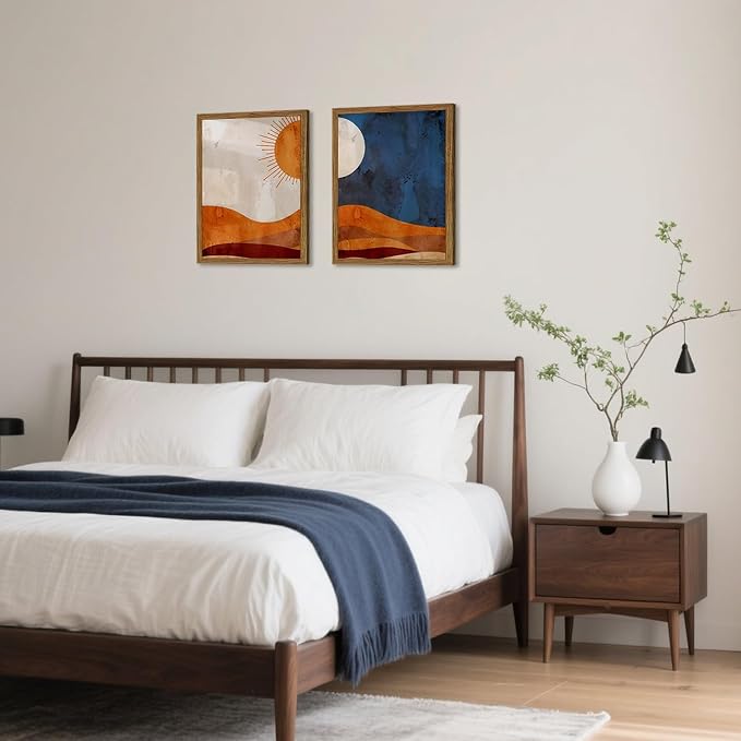 Framed Boho Sun and Moon Canvas Wall Art Set of 2, Vintage Western Desert Landscape Wall Decor Paintings, Mid Century Modern Abstract Pictures Prints Artwork for Living Room Bedroom Office 16x24 inch