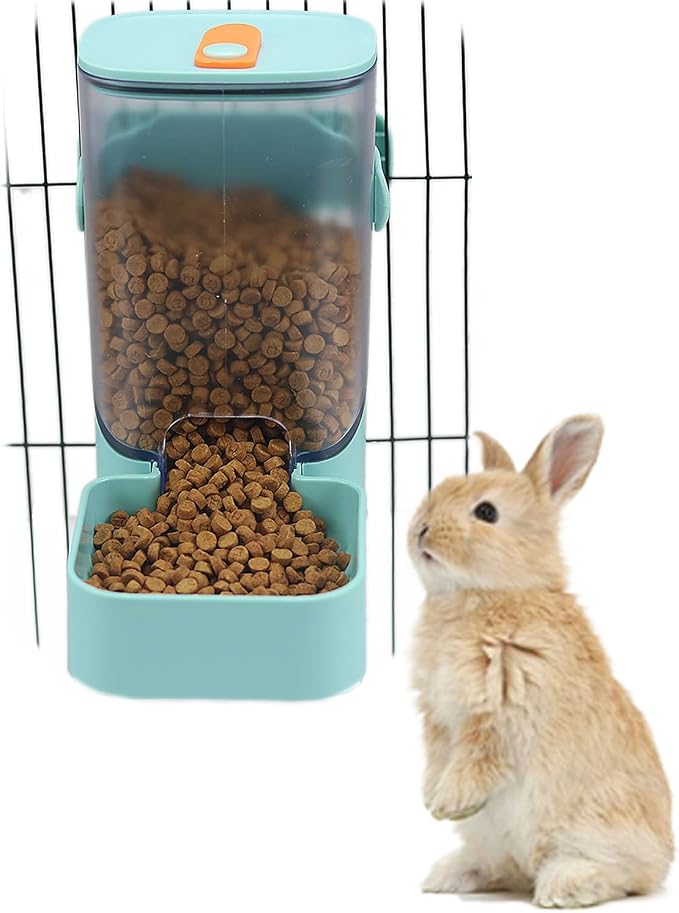 PODOO 34oz Rabbit Food Dispenser, Bunny Feeder Bowl, Large Hanging Automatic Pet Food Dispenser, Hanging Outside or Inside The Cage for Ferret Guinea Pig Rat Cat Puppy (Food) | 24oz water dispenser and 34oz food feeder with clear detachable containers;...