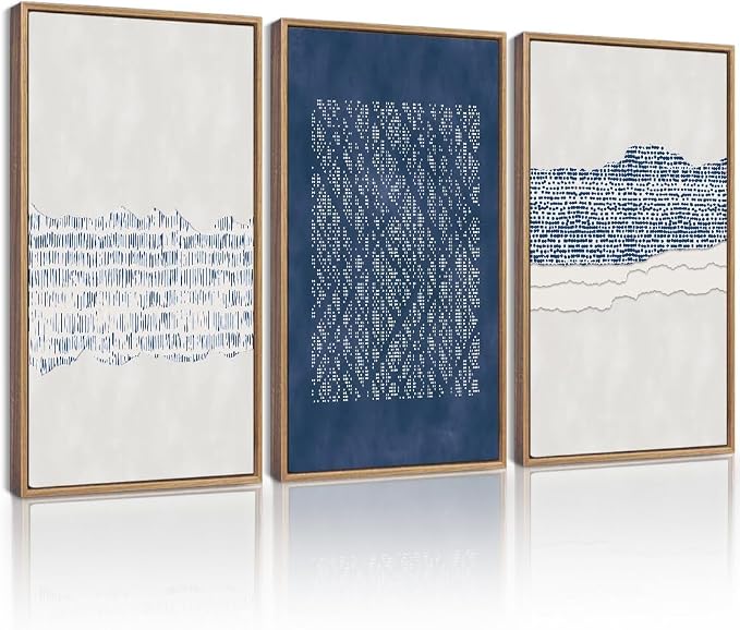 Drsoum Blue Abstract Boho Framed Wall Art Large 16x24in Minimalist Mid-Century Modern Wall Decor Geometric Artwork Kitchen Dining Room Natural Framed