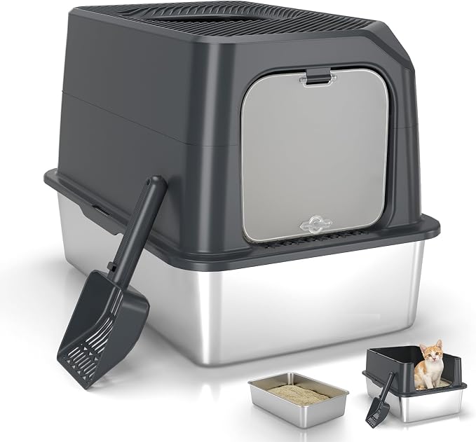Enclosed Stainless Steel Litter Box with Lid for Most Adult Cats | 50% Thicker Metal, Leak-Proof High Sides, 3-in-1 Convertible, Non-Stick Surface, Odor Resistant, Easy Clean