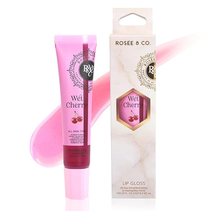 Rosee Lip Gloss Vegan & Cruelty Free Treatment, Professional Make up, Long Lasting Glossy with Shea Butter, Moisturize, Protect & Smooth, High Shine, Non-Sticky (i. Wet Cherry, 0.5)