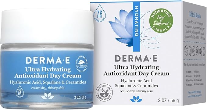 Derma E Ultra Hydrating Antioxidant Day Cream – Face Moisturizer with Hyaluronic Acid, Squalane, and Ceramides to Smooth and Nourish, Hydrating Face Moisturizer for Sensitive Skin, 2 Fl Oz