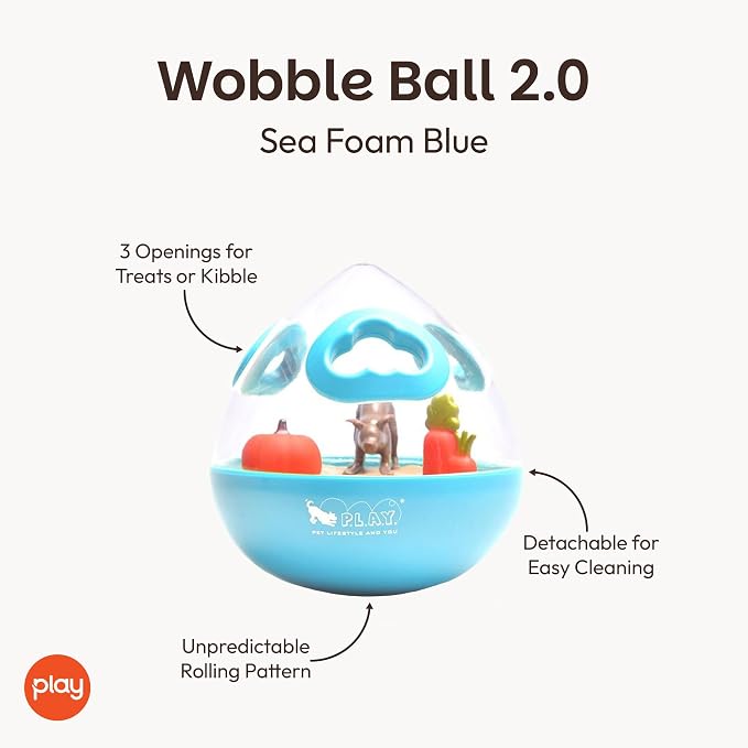 Wobble Ball Interactive Food & Treat Dispensing Puzzle Toy for Puppies & Dogs - Slow Feeder, Mental Enrichment, Forage Skills, Training, Relieves Boredom - Dishwasher Safe, Easy Clean (Sea Foam Blue)
