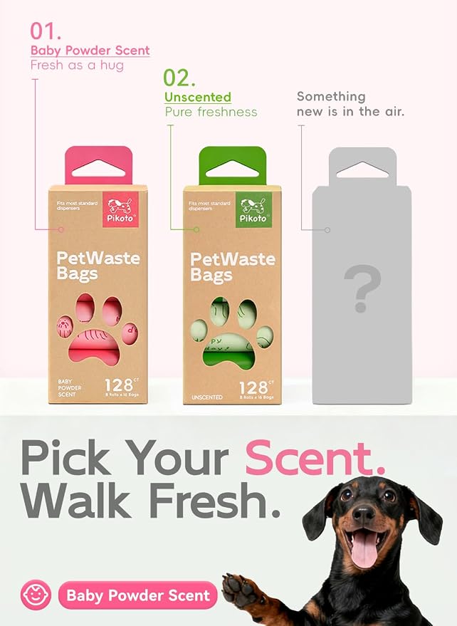 Dog Poop Bags, 128 Count, Baby Powder Scented, Pink | Baby Powder Scented, Extra Thick, 60% Recycled Plastic, Easy-Peel Sticker, 16 Bags Per Roll, Dual Pink Designs