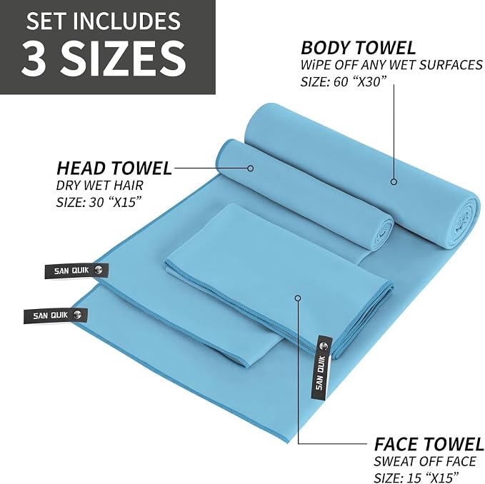 Quick Dry Camping Towel with EVA Case, Microfiber Travel Towel 3 Size at 1 Pack, Super Absorbent Lightweight Fast Drying Towel Set for Beach, Gym, Sports, Backpacking, Yoga & Swimming Pool, Baby Blue
