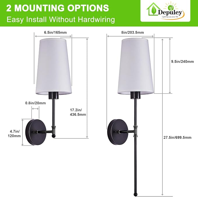 Depuley Battery Operated Wall Sconce: 27" Set of 2 Wireless Wall Lights with Remote for Bedroom - Rechargeable 15 Colors Black Wall Lamp for Living Room Hallway Decor