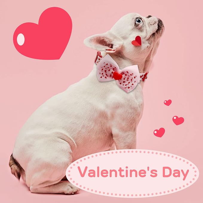 azuza Dog Collar Adjustable Spring Dog Collars Gift with Removable Bowtie & Lovely Pink Heart Pattern for Medium Dogs