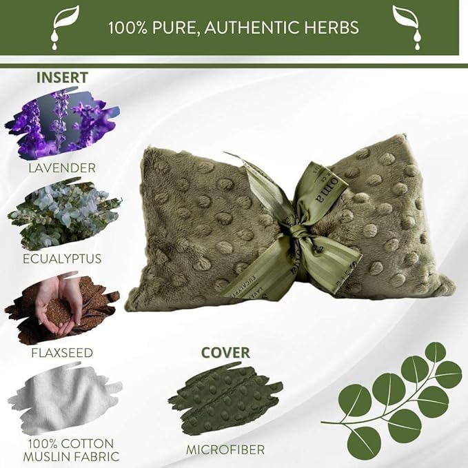 Eucalyptus Spa Mask by Sonoma Lavender, Heatable/Chillable Aromatherapy with Eucalyptus and Lavender Infused Flaxseed Insert, Eye Compress for Stress Relief with Removable and Washable Cover.