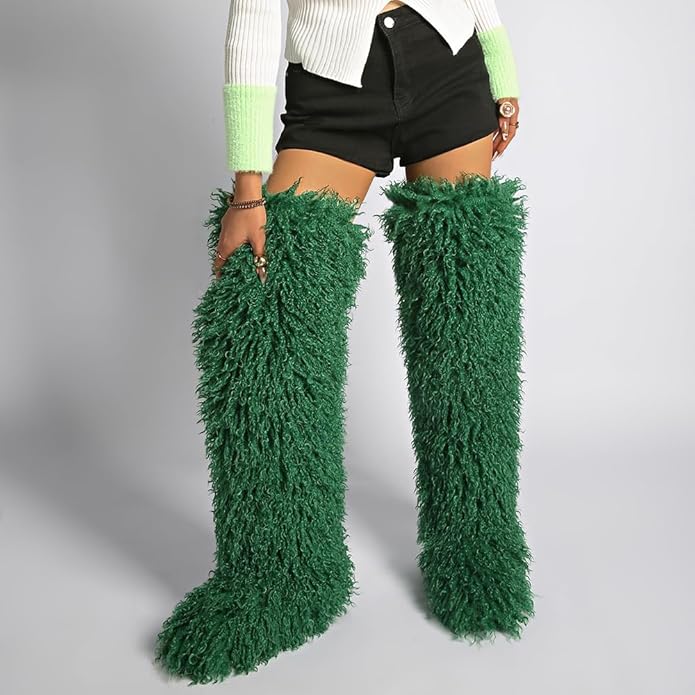 SWEETHEART BEAUTY Thigh High Shagy Teddy Fur Boots, 29 Inch Over the Knee Length Fluffy High Boots, Tall Furry Shoes For Women