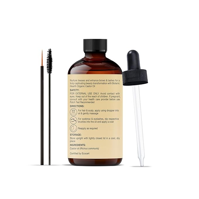 Botanic Hearth Castor Oil Organic for Hair, Lashes, Face (2oz), 100% Pure, Cold Pressed, Hexane Free Hair Oil, Lash Serum for Thicker-Looking Eyelashes & Eyebrows