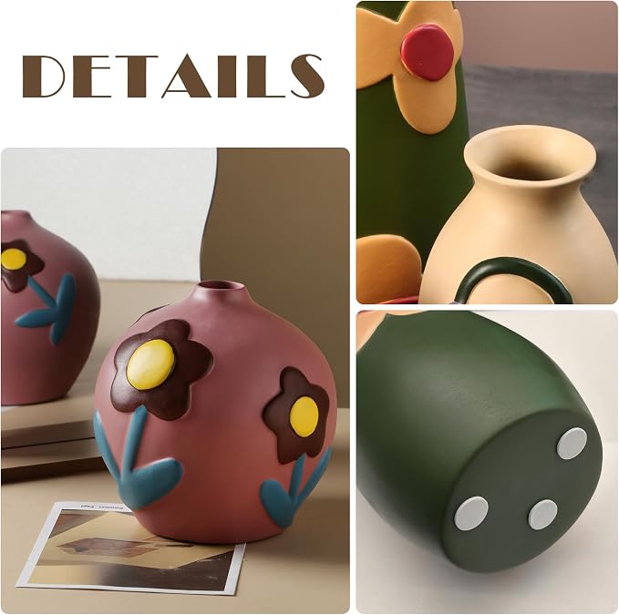 Vintage Ceramic Vase, Minimalist Texture Stone Patterned White Flower Vase, Decorative Vase for Living Room Shelf Farmhouse Dining Table Centerpiece Decor (Colorful Rustic-3 Pack) (Rustic-3 Pack)