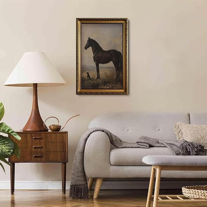 Vintage Equestrian Gold Framed Wall Art Black Horse Gundog Wall Decor Art | Antique Victorian Animal Picture Canvas Art Western Country Paintings Framed Prints Artwork for Living Room Bedroom Gallery