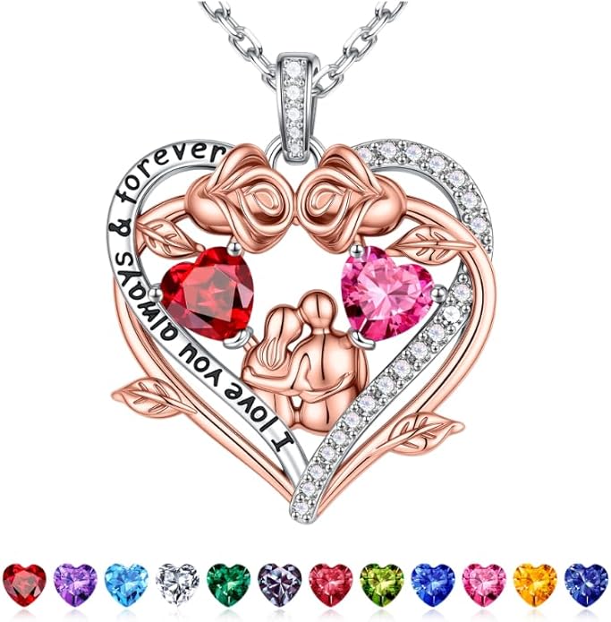 Iefil Valentines Gifts for Her Wife - 925 Sterling Silver Double Heart Birthstone Necklace, Anniversary Birthday Gifts for Women Wife Girlfriend
