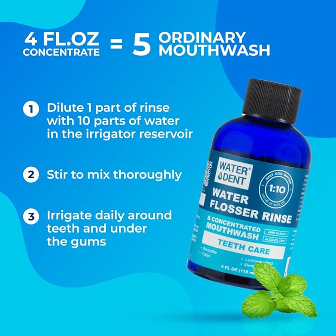 WATER DENT | Water Flosser Rinse, IRRIGANT, Concentrate Mouthwash | When dilluted1:10 = 44 fl.oz, Travel Size, Add to Oral irrigator, Mint Flavor, Alcohol & Fluoride Free. Made in USA | 4 fl.oz