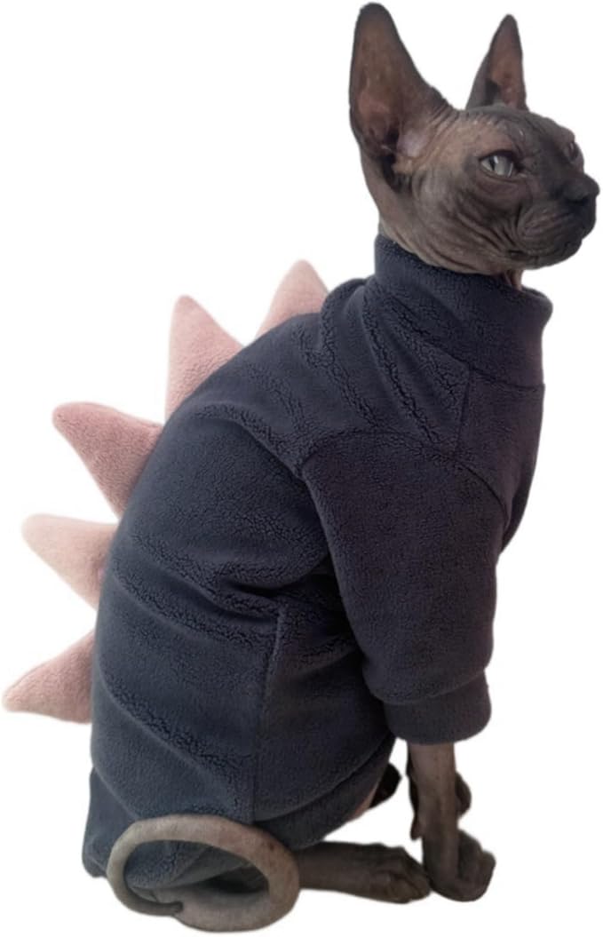 Grey Dinosaur Sphynx Cat Clothes Sweater Hairless Cat Apparel | Soft, Elastic, Warm Polar Fleece,Winter Warm Outfit, Cute Dinosaur