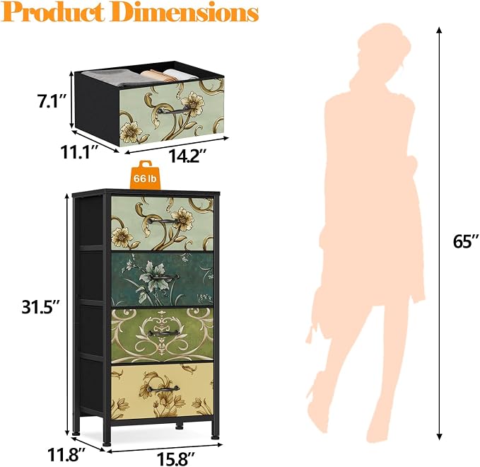 4 Drawer Dresser, Vintage Nightstand, Fabric Chest of Drawers | Vertical Dresser for Bedroom, Storage Tower Units with Fabric Drawers, Small Dressers for Closet, Retro Style, Wooden Top