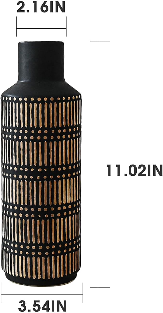 Rustic Ceramic Vase for Living Room Bedroom 11.02'' Black Flower Vase for Bouquet Fake Plant Home Decor Office Table Shelf Fireplace Centerpieces Antique Retro Vintage Classic Modern