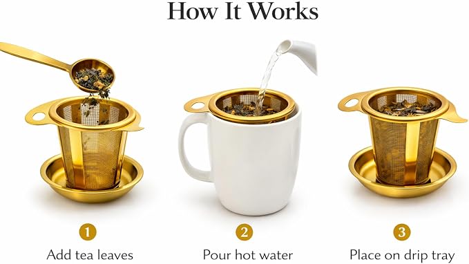 Tea Infuser Set (2 Pack) – Gold Stainless Steel Loose Leaf Tea Strainers with Drip Trays & Scoop – Gift Box for Tea Lovers