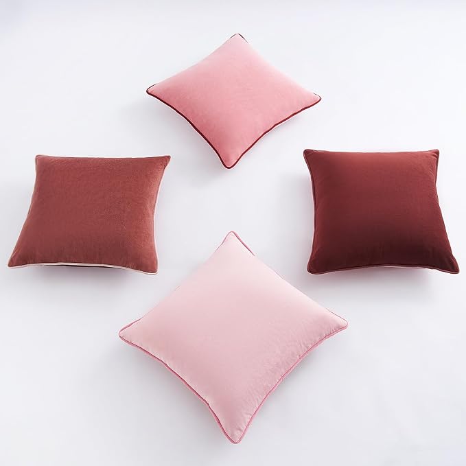 MONDAY MOOSE Decorative Throw Pillow Covers Cushion Cases, Set of 4 Soft Velvet Modern Double-Sided Designs, Mix and Match, Pillow Inserts Not Included (16x16 inch, Pink/Dark Pink)