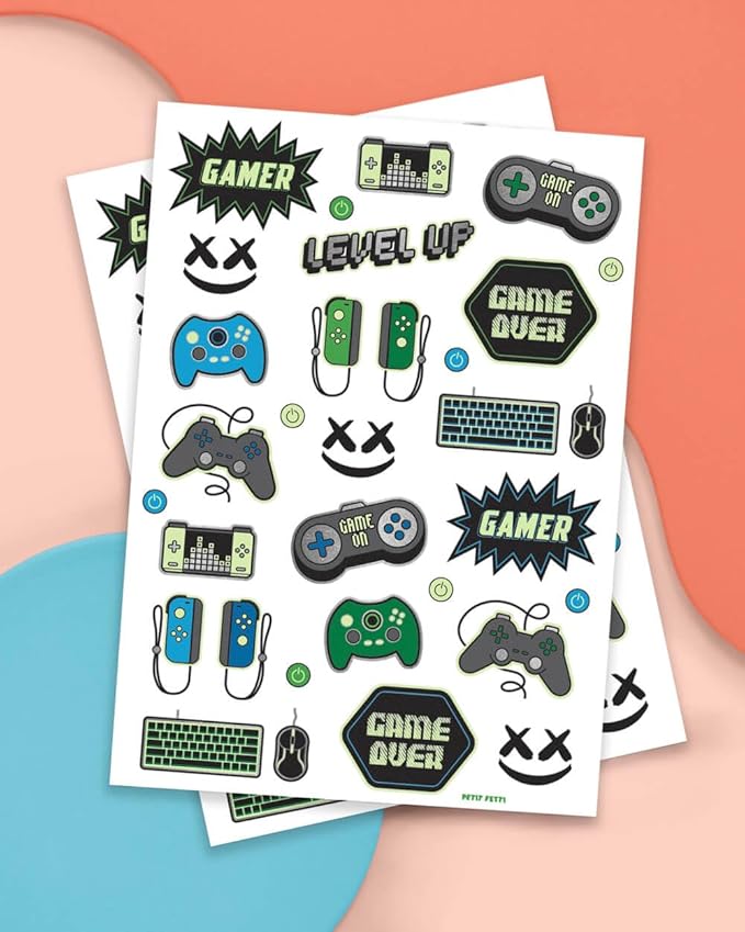 xo, Fetti Video Game Party Supplies Temporary Tattoos - 40 Glow in the Dark Styles | Videogame Birthday Favors, Decorations, Controller, Computer Keyboard, Gamer, Arcade
