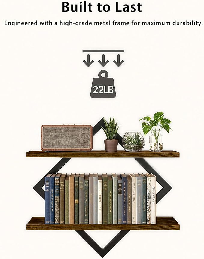 Floating Shelves for Wall, Set of 2 Wall Shelves, 2-Tier Hanging Shelve | Wood & Metal Wall Mounted Display Shelves, Decorative Wall Shelves for Living Room, Bedroom, Kitchen & Bathroom, Rustic Brown