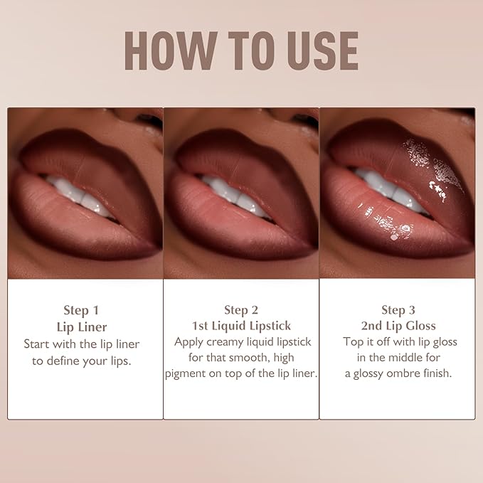 3-in-1 Lip Kit - Matte Liquid Lipstick for Women Brown Lip Liner and Gloss Set Long Lasting Lip Tint Nude Smudge Proof Highly Pigmented Lipcolor Trio Non-Stick Cup Velvet Lip Gloss Makeup