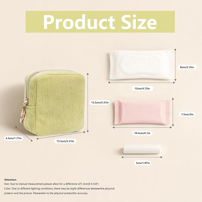 Period Bag for Girls, Corduroy Period Kit with Sanitary Pad Pouch, Menstrual Storage Bag and Tampon Holder for Purse, Girls School Essentials,Feminine Care Organizer(Green)