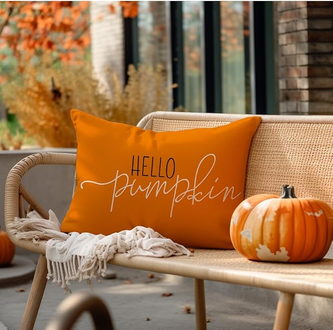 RABUSOFA Fall Pillow Covers 12x20 Hello Pumpkin Decorative Throw Pillows | Lumbar Outdoor Autumn Thanksgiving Cushion Cover Farmhosue Fall Decor for Bedroom Couch Sofa Orange