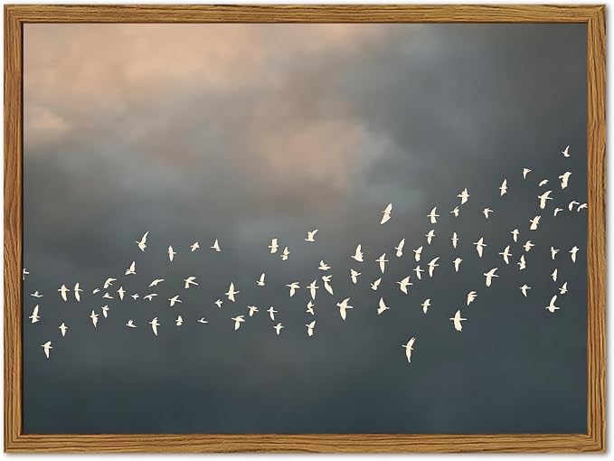Framed Vintage Flying Bird Canvas Wall Art, Minimalist Abstract Flock of White Birds Pictures Wall Decor, Rustic Nature Wildlife Paintings Prints for Living Room Bedroom Bathroom 12x16 inch