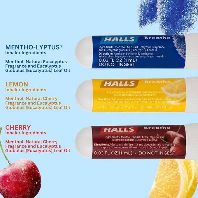 SpaRoom Halls Nausea Relief Nasal Stick – Breathe 3-Pack with Cherry, Lemon & Mentho-Lyptus, Aromatherapy Inhalers with Essential Oils for Sinus Relief, Stress, and Craving Support