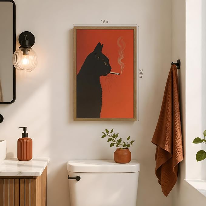 VziizV Black Cat Wall Art, Funny Smoking Cat Canvas Print, Vintage Retro Animal Wall Decor, Minimalist Whimsical Poster Artwork for Bar Cart Living Room Bedroom Office Wood Framed 12x16 Inch