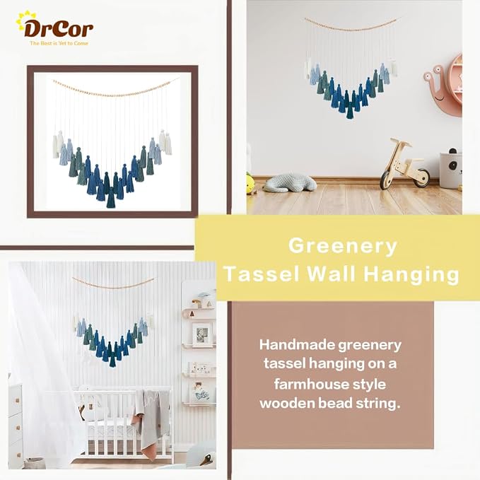 DrCor Ombre Green Boho Macrame Garland Wall Hanging Decor | Handmade yarn banner for classroom, reading corner, dorm and farmhouse styling. Pre-assembled, reusable, eco-friendly.