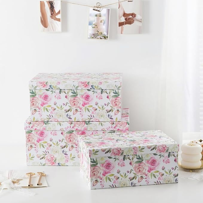 Soul & Lane - Summer Rose Decorative Storage Boxes with Lids, Set of 3 | Large Nesting Cardboard Keepsake Boxes for Photos and Gifts, Pink Vintage Rose Print Containers for Home Decor